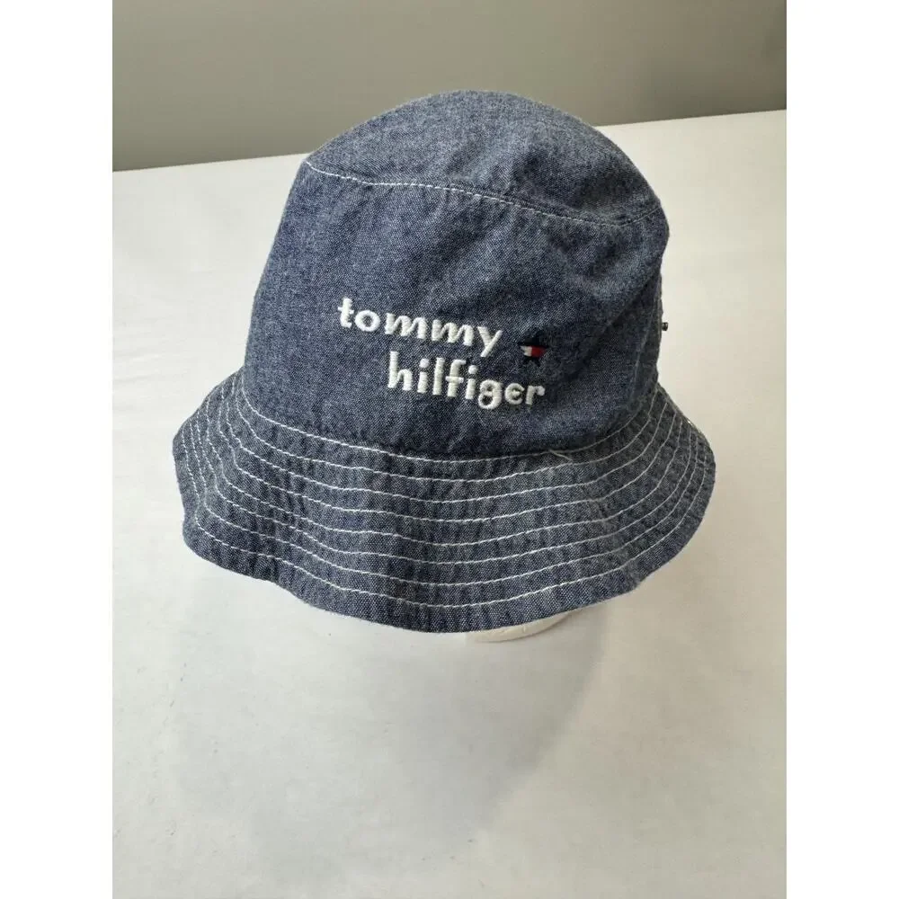 Vintage 1990s Tommy Hilfiger Kids Bucket Hat Denim Gingham Logo Y2K Size 4-6X